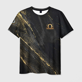 Мужская футболка 3D с принтом Символ знака зодиака Весы черно золотой , 100% полиэфир | прямой крой, круглый вырез горловины, длина до линии бедер | 