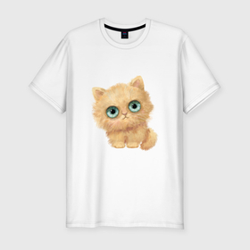 Мужская футболка хлопок Slim с принтом Пушистый котенок с большими глазами в Белгороде, 92% хлопок, 8% лайкра | приталенный силуэт, круглый вырез ворота, длина до линии бедра, короткий рукав | 