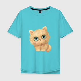 Мужская футболка хлопок Oversize с принтом Пушистый котенок с большими глазами в Екатеринбурге, 100% хлопок | свободный крой, круглый ворот, “спинка” длиннее передней части | 