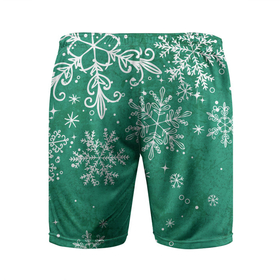 Мужские шорты спортивные с принтом Снежинки на зелёном фоне ,  |  | 