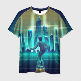 Мужская футболка 3D с принтом В sci fi будущее на скейте , 100% полиэфир | прямой крой, круглый вырез горловины, длина до линии бедер | 