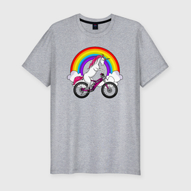 Мужская футболка хлопок Slim с принтом Единорог на велосипеде в Белгороде, 92% хлопок, 8% лайкра | приталенный силуэт, круглый вырез ворота, длина до линии бедра, короткий рукав | Тематика изображения на принте: 