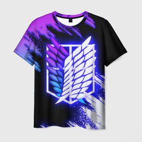 Мужская футболка 3D с принтом Attack on Titan   logo neon в Кировске, 100% полиэфир | прямой крой, круглый вырез горловины, длина до линии бедер | Тематика изображения на принте: 