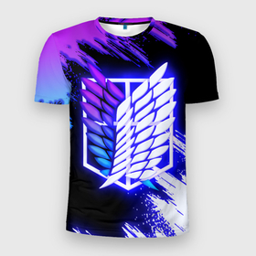 Мужская футболка 3D Slim с принтом Attack on Titan   logo neon в Кировске, 100% полиэстер с улучшенными характеристиками | приталенный силуэт, круглая горловина, широкие плечи, сужается к линии бедра | 