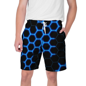 Мужские шорты 3D с принтом Соты на синем неоновом фоне в Тюмени,  полиэстер 100% | прямой крой, два кармана без застежек по бокам. Мягкая трикотажная резинка на поясе, внутри которой широкие завязки. Длина чуть выше колен | 