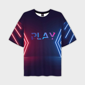 Мужская футболка OVERSIZE 3D с принтом Play неоновые буквы и красно синие полосы в Курске,  |  | Тематика изображения на принте: 