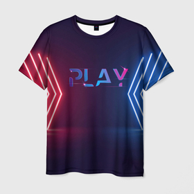 Мужская футболка 3D с принтом Play неоновые буквы и красно синие полосы в Петрозаводске, 100% полиэфир | прямой крой, круглый вырез горловины, длина до линии бедер | Тематика изображения на принте: 