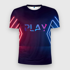 Мужская футболка 3D Slim с принтом Play неоновые буквы и красно синие полосы в Екатеринбурге, 100% полиэстер с улучшенными характеристиками | приталенный силуэт, круглая горловина, широкие плечи, сужается к линии бедра | Тематика изображения на принте: 