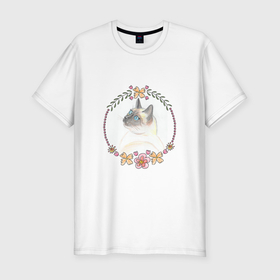 Мужская футболка хлопок Slim с принтом Портрет сиамской кошки в Новосибирске, 92% хлопок, 8% лайкра | приталенный силуэт, круглый вырез ворота, длина до линии бедра, короткий рукав | Тематика изображения на принте: 