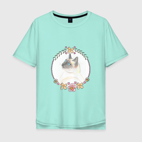 Мужская футболка хлопок Oversize с принтом Портрет сиамской кошки в Новосибирске, 100% хлопок | свободный крой, круглый ворот, “спинка” длиннее передней части | Тематика изображения на принте: 