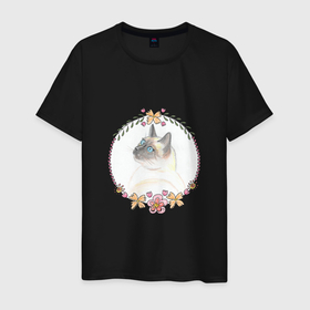 Мужская футболка хлопок с принтом Портрет сиамской кошки в Новосибирске, 100% хлопок | прямой крой, круглый вырез горловины, длина до линии бедер, слегка спущенное плечо. | Тематика изображения на принте: 