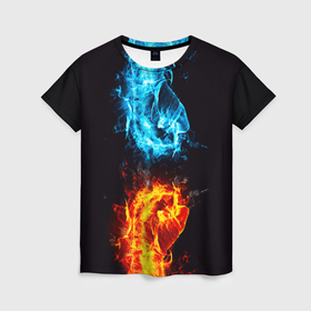 Женская футболка 3D с принтом Огонь и вода   противостояние в Санкт-Петербурге, 100% полиэфир ( синтетическое хлопкоподобное полотно) | прямой крой, круглый вырез горловины, длина до линии бедер | 