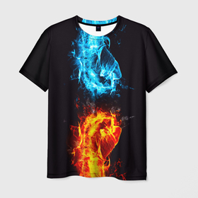 Мужская футболка 3D с принтом Огонь и вода   противостояние , 100% полиэфир | прямой крой, круглый вырез горловины, длина до линии бедер | Тематика изображения на принте: 