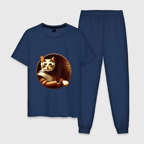 Мужская пижама хлопок с принтом Кот с Мечем Картина Маслом в Курске, 100% хлопок | брюки и футболка прямого кроя, без карманов, на брюках мягкая резинка на поясе и по низу штанин
 | 
