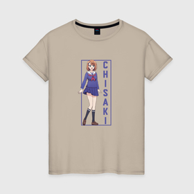 Женская футболка хлопок с принтом Чисаки Миязаки   Юна из гостиницы Юраги в Тюмени, 100% хлопок | прямой крой, круглый вырез горловины, длина до линии бедер, слегка спущенное плечо | 