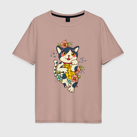 Мужская футболка хлопок Oversize с принтом Манеки неко кошка символ счастья и удачи в Екатеринбурге, 100% хлопок | свободный крой, круглый ворот, “спинка” длиннее передней части | Тематика изображения на принте: 