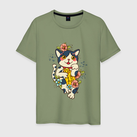 Мужская футболка хлопок с принтом Манеки неко кошка символ счастья и удачи в Курске, 100% хлопок | прямой крой, круглый вырез горловины, длина до линии бедер, слегка спущенное плечо. | 