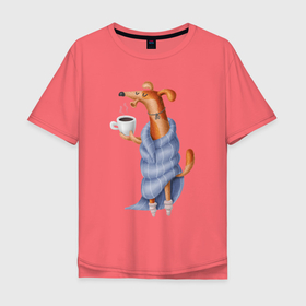 Мужская футболка хлопок Oversize с принтом Собачка с утренним кофе в Белгороде, 100% хлопок | свободный крой, круглый ворот, “спинка” длиннее передней части | 