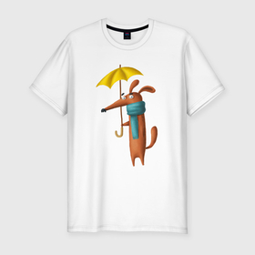 Мужская футболка хлопок Slim с принтом Осень   собачка в зонтом в Тюмени, 92% хлопок, 8% лайкра | приталенный силуэт, круглый вырез ворота, длина до линии бедра, короткий рукав | Тематика изображения на принте: 
