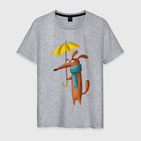 Мужская футболка хлопок с принтом Осень   собачка в зонтом в Тюмени, 100% хлопок | прямой крой, круглый вырез горловины, длина до линии бедер, слегка спущенное плечо. | 