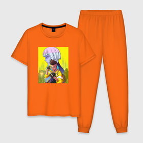 Мужская пижама хлопок с принтом Люси и Дэвид аниме Cyberpunk Edgerunners в Тюмени, 100% хлопок | брюки и футболка прямого кроя, без карманов, на брюках мягкая резинка на поясе и по низу штанин
 | 