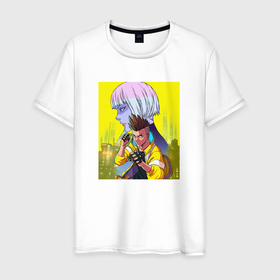 Мужская футболка хлопок с принтом Люси и Дэвид аниме Cyberpunk Edgerunners в Тюмени, 100% хлопок | прямой крой, круглый вырез горловины, длина до линии бедер, слегка спущенное плечо. | Тематика изображения на принте: 