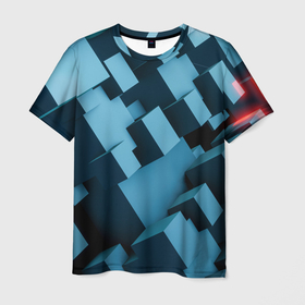 Мужская футболка 3D с принтом Объёмные синие геометрические кубы в Белгороде, 100% полиэфир | прямой крой, круглый вырез горловины, длина до линии бедер | 