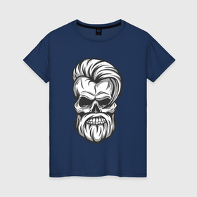 Женская футболка хлопок с принтом Скелет с бородой и модной причёской в Санкт-Петербурге, 100% хлопок | прямой крой, круглый вырез горловины, длина до линии бедер, слегка спущенное плечо | 