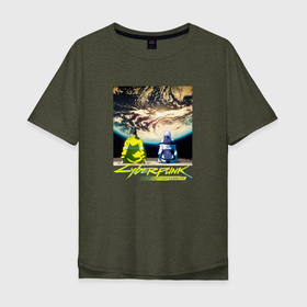Мужская футболка хлопок Oversize с принтом Cyberpunk  Edgerunners Люси и Дэвид в Тюмени, 100% хлопок | свободный крой, круглый ворот, “спинка” длиннее передней части | Тематика изображения на принте: 