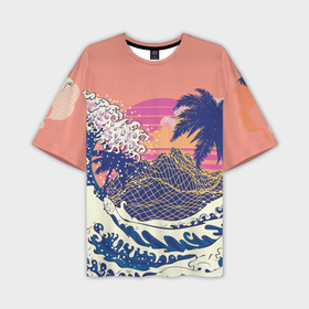 Мужская футболка OVERSIZE 3D с принтом Ретро дизайн большие волны, пальмы и абстрактные горы в Белгороде,  |  | Тематика изображения на принте: 