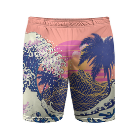 Мужские шорты спортивные с принтом Ретро дизайн большие волны, пальмы и абстрактные горы в Санкт-Петербурге,  |  | 