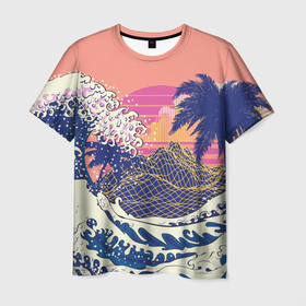 Мужская футболка 3D с принтом Ретро дизайн большие волны, пальмы и абстрактные горы в Кировске, 100% полиэфир | прямой крой, круглый вырез горловины, длина до линии бедер | 