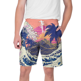Мужские шорты 3D с принтом Ретро дизайн большие волны, пальмы и абстрактные горы ,  полиэстер 100% | прямой крой, два кармана без застежек по бокам. Мягкая трикотажная резинка на поясе, внутри которой широкие завязки. Длина чуть выше колен | 