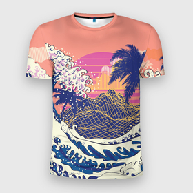 Мужская футболка 3D Slim с принтом Ретро дизайн большие волны, пальмы и абстрактные горы в Курске, 100% полиэстер с улучшенными характеристиками | приталенный силуэт, круглая горловина, широкие плечи, сужается к линии бедра | Тематика изображения на принте: 