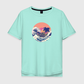 Мужская футболка хлопок Oversize с принтом Ретро дизайн большие волны и пальмы в Санкт-Петербурге, 100% хлопок | свободный крой, круглый ворот, “спинка” длиннее передней части | 