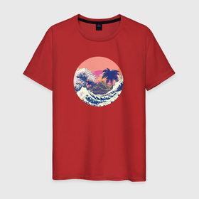Мужская футболка хлопок с принтом Ретро дизайн большие волны и пальмы в Санкт-Петербурге, 100% хлопок | прямой крой, круглый вырез горловины, длина до линии бедер, слегка спущенное плечо. | 