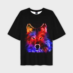 Мужская футболка oversize 3D с принтом Неоновый светящийся волк в Курске,  |  | Тематика изображения на принте: 