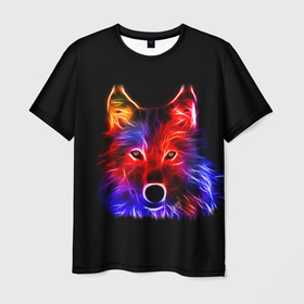 Мужская футболка 3D с принтом Неоновый светящийся волк в Санкт-Петербурге, 100% полиэфир | прямой крой, круглый вырез горловины, длина до линии бедер | 