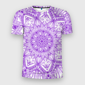 Мужская футболка 3D Slim с принтом Фиолетовая мандала в Кировске, 100% полиэстер с улучшенными характеристиками | приталенный силуэт, круглая горловина, широкие плечи, сужается к линии бедра | 