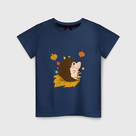 Детская футболка хлопок с принтом Ежик и осень в Белгороде, 100% хлопок | круглый вырез горловины, полуприлегающий силуэт, длина до линии бедер | 