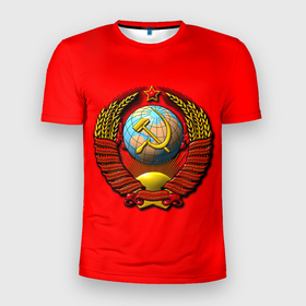 Мужская футболка 3D Slim с принтом Герб СССР объёмный в Тюмени, 100% полиэстер с улучшенными характеристиками | приталенный силуэт, круглая горловина, широкие плечи, сужается к линии бедра | 