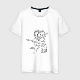 Мужская футболка хлопок с принтом кот рокер с гитарой в Тюмени, 100% хлопок | прямой крой, круглый вырез горловины, длина до линии бедер, слегка спущенное плечо. | 