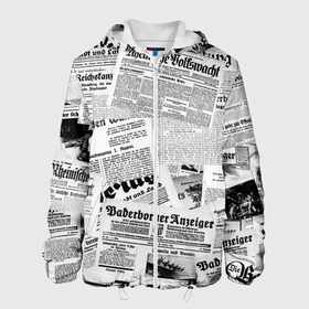 Мужская куртка 3D с принтом Газетный коллаж в Новосибирске, ткань верха — 100% полиэстер, подклад — флис | прямой крой, подол и капюшон оформлены резинкой с фиксаторами, два кармана без застежек по бокам, один большой потайной карман на груди. Карман на груди застегивается на липучку | 