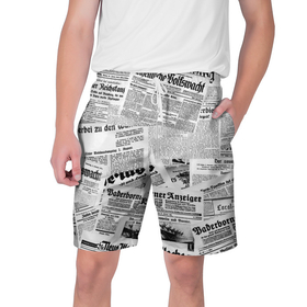 Мужские шорты 3D с принтом Газетный коллаж в Новосибирске,  полиэстер 100% | прямой крой, два кармана без застежек по бокам. Мягкая трикотажная резинка на поясе, внутри которой широкие завязки. Длина чуть выше колен | 