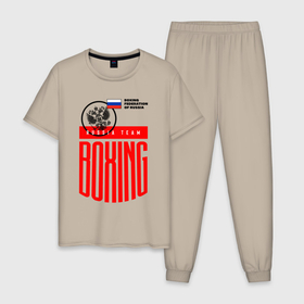 Мужская пижама хлопок с принтом Boxing russia national team в Тюмени, 100% хлопок | брюки и футболка прямого кроя, без карманов, на брюках мягкая резинка на поясе и по низу штанин
 | 