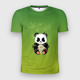 Мужская футболка 3D Slim с принтом Панда сидит среди бамбука и есть лапшу , 100% полиэстер с улучшенными характеристиками | приталенный силуэт, круглая горловина, широкие плечи, сужается к линии бедра | 