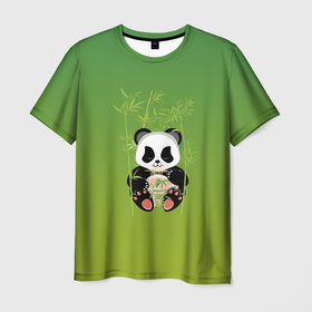 Мужская футболка 3D с принтом Панда сидит среди бамбука и есть лапшу в Санкт-Петербурге, 100% полиэфир | прямой крой, круглый вырез горловины, длина до линии бедер | Тематика изображения на принте: 