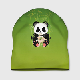 Шапка 3D с принтом Панда сидит среди бамбука и есть лапшу , 100% полиэстер | универсальный размер, печать по всей поверхности изделия | 