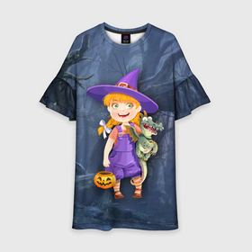 Детское платье 3D с принтом Ведьма малолетка в тёмном лесу с дракончиком , 100% полиэстер | прямой силуэт, чуть расширенный к низу. Круглая горловина, на рукавах — воланы | 