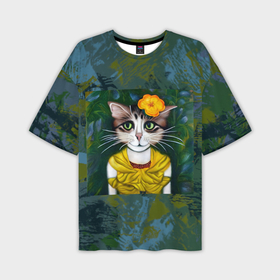 Мужская футболка OVERSIZE 3D с принтом Грустная кошка Фриды Кало из нейросети в Екатеринбурге,  |  | 